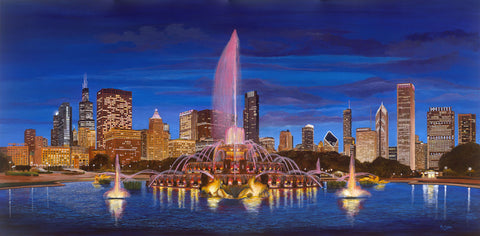 Buckingham Fountain and Chicago Nighttime Skyline
